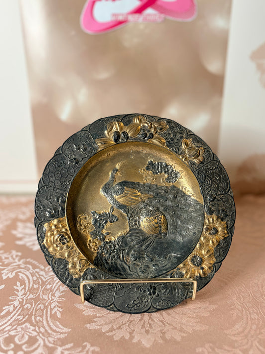 Art of Chokin Style Peacock Plate – Ornate 24K Gold Gilded Mixed Metal Repoussé Relief Wall Hanging