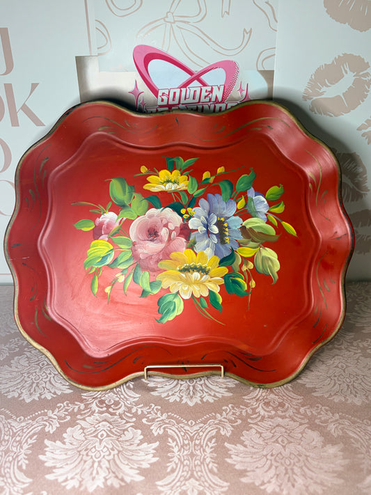 Mid-century red hand-painted toleware metal serving tray