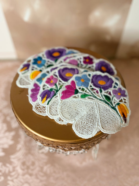 7-Authentic, Hungarian Kalocsa Richelieu lace coasters (70’s)