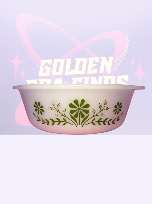 Glassbake milk glass "Green Daisy" casserole dish (1960's)