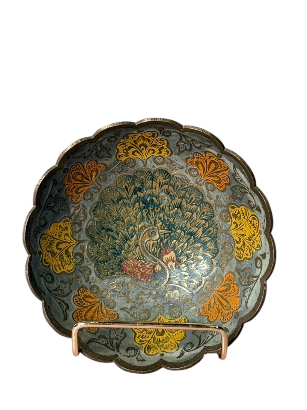 Etched brass and enamel peacock bowl (60-80’s)