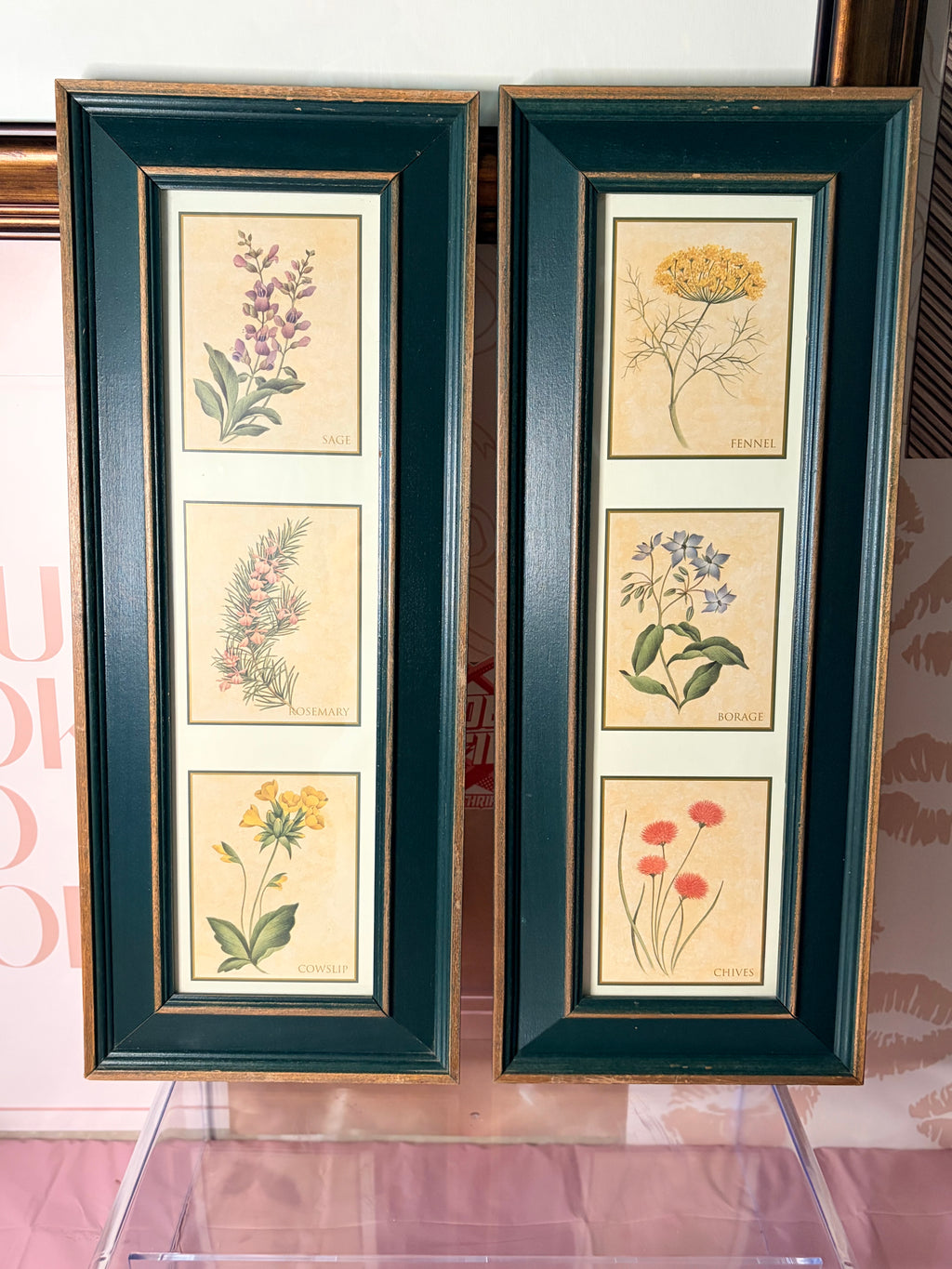 Ethan Allen Botanical Framed Prints Pair - Green & Gold Wood Frames Herbs Set of 2"