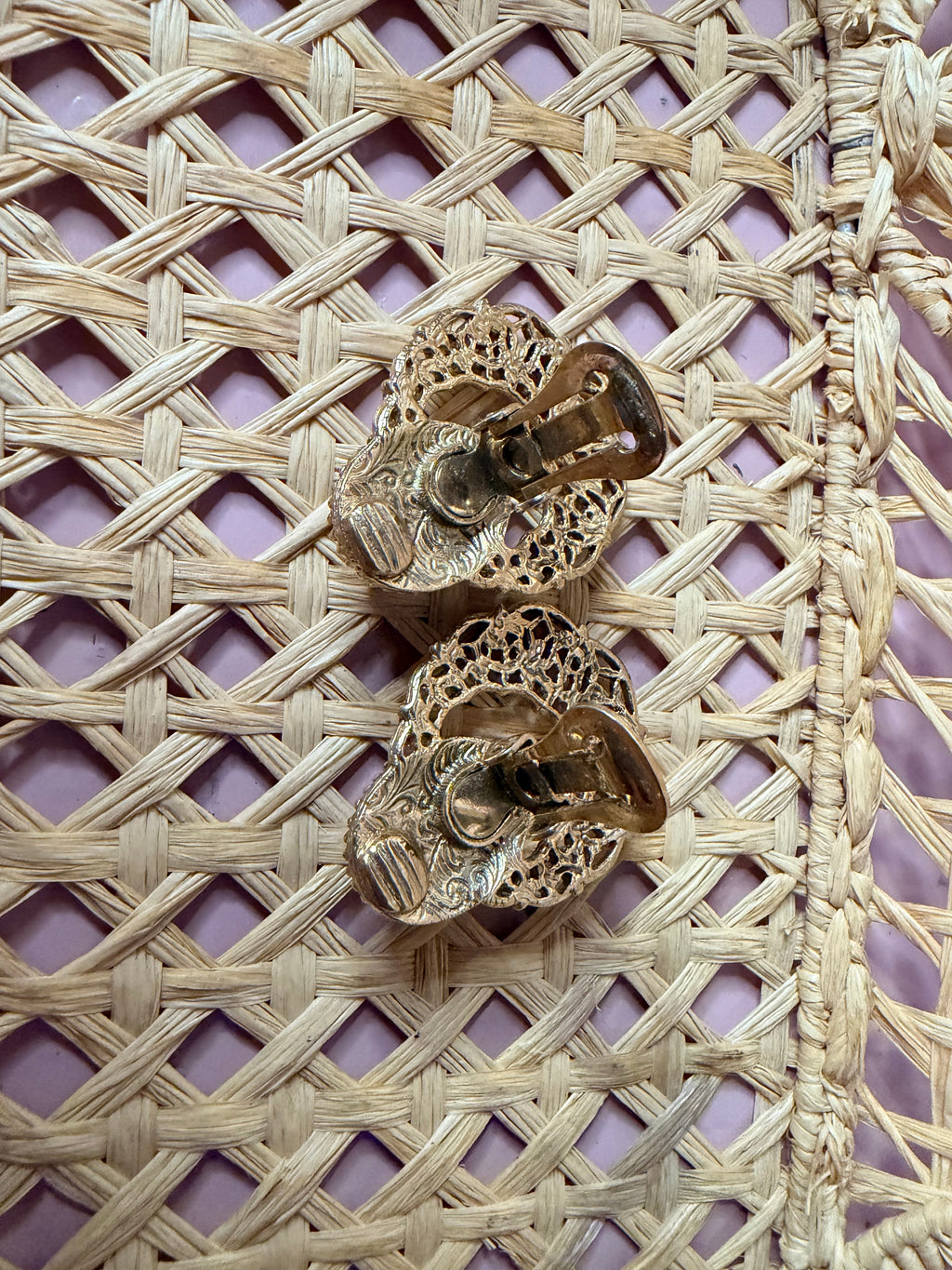 Victorian Revival Pink Porcelain Rose Filigree Crescent Clip On Earrings (50’s-60’s)