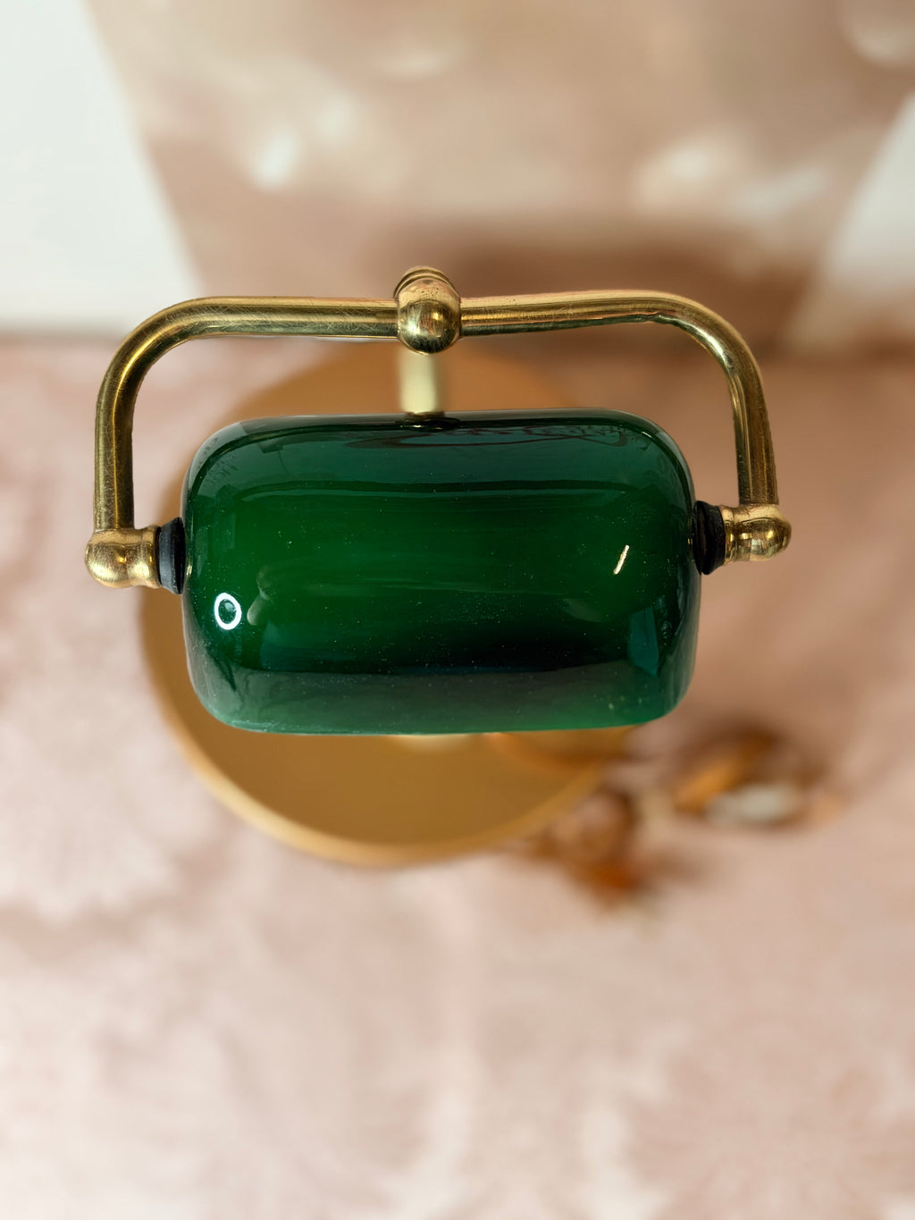 1970s/1980s Short Banker's Desk Lamp – Polished Brass & Emerald Green Glass Shade