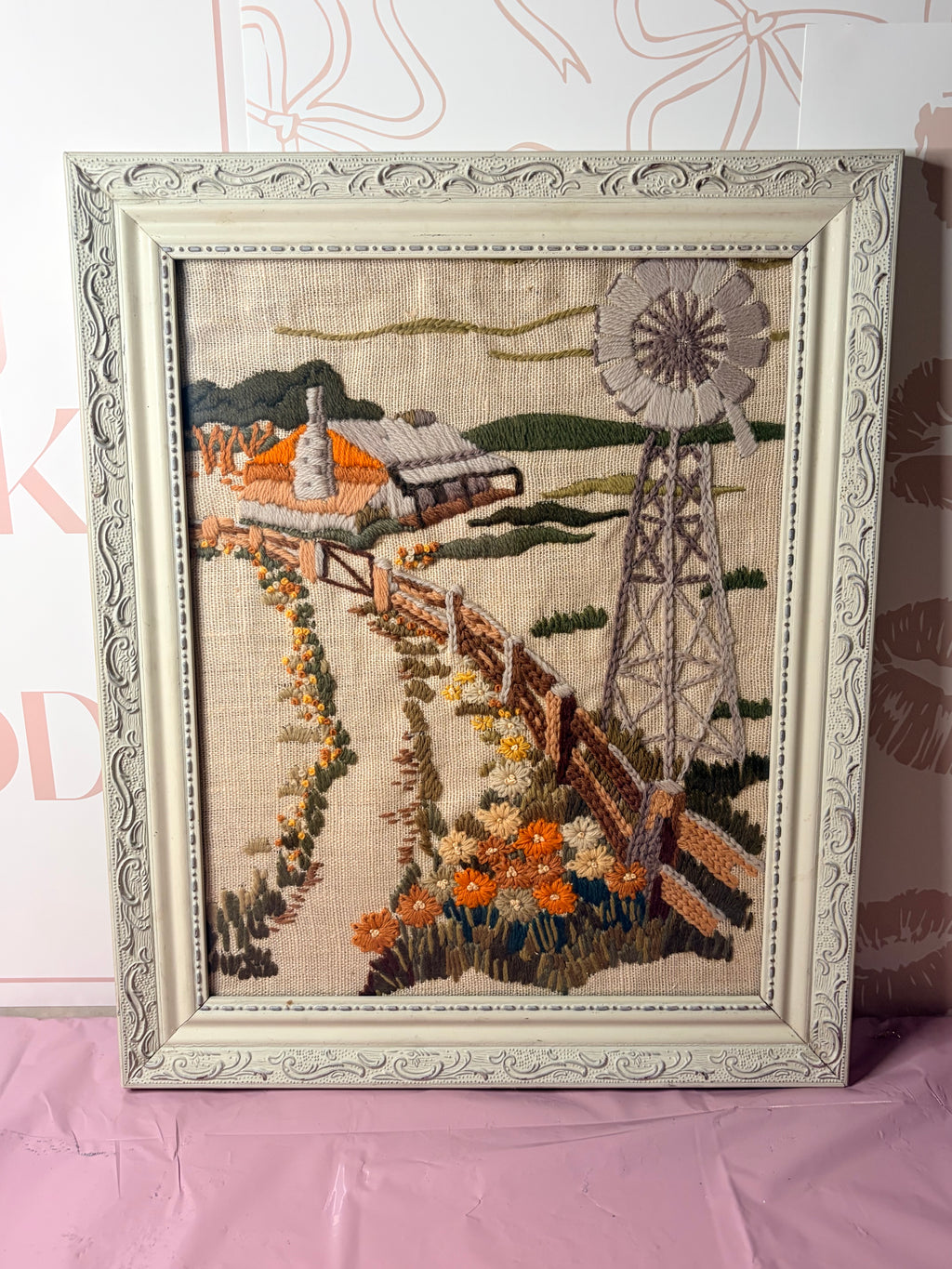 Crewel embroidery “rustic countryside landscape” framed