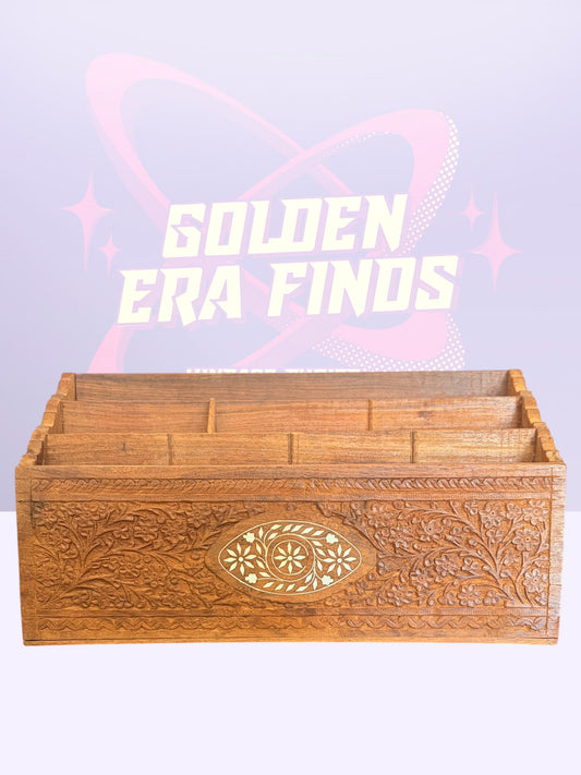 Handcrafted vintage teak wood desk organizer