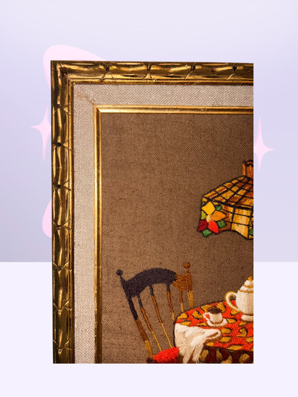 “Tea & Tiffany” Crewel Embroidered Framed Art (1977)