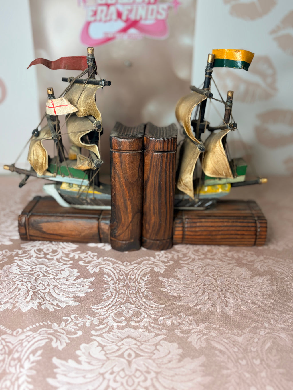 Handcrafted wooden Spanish galleon and pirate ship bookends
