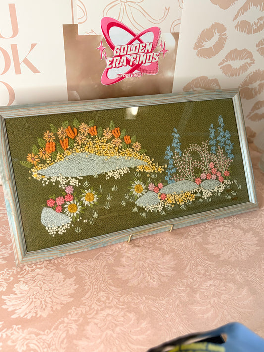 1970s large framed crewel embroidery “rock garden”