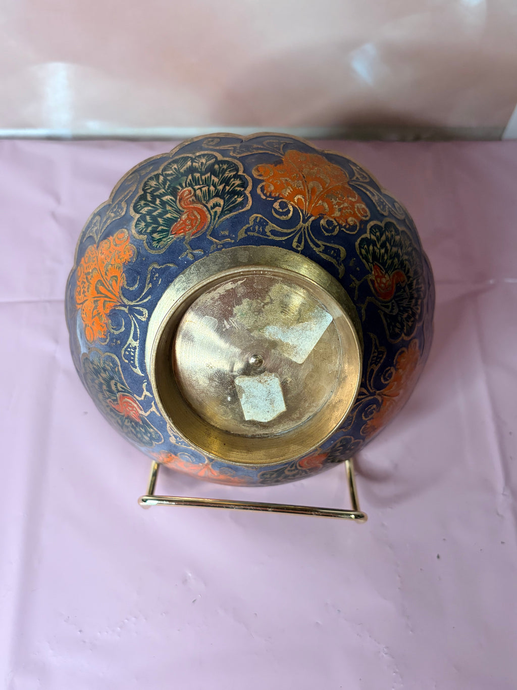 Etched brass and enamel peacock bowl (60-80’s)