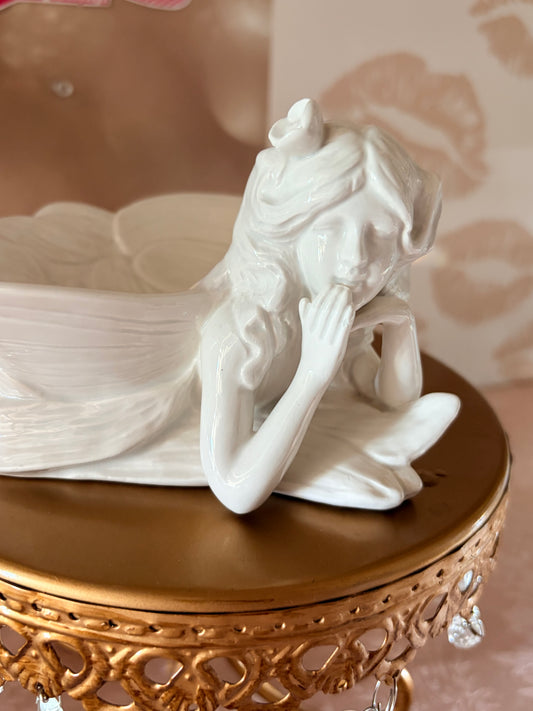 1978 Fitz and Floyd White Ceramic Fairy Trinket Dish Art Nouveau
