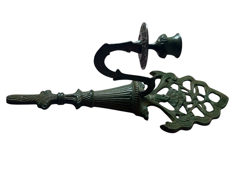 Ornate Brass Wall Candle Sconce – Green Patina Finish (80’s)