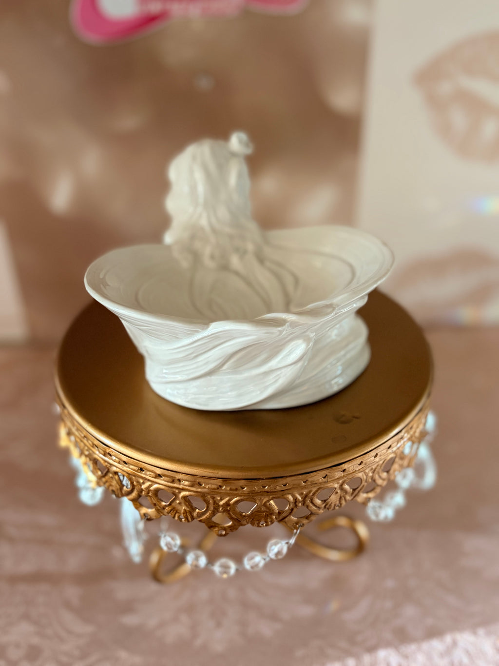 1978 Fitz and Floyd White Ceramic Fairy Trinket Dish Art Nouveau