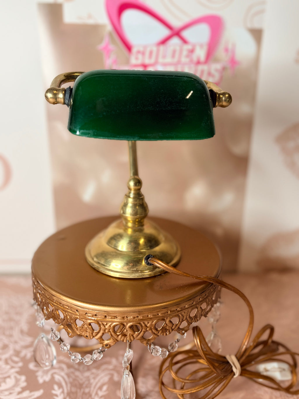 1970s/1980s Short Banker's Desk Lamp – Polished Brass & Emerald Green Glass Shade