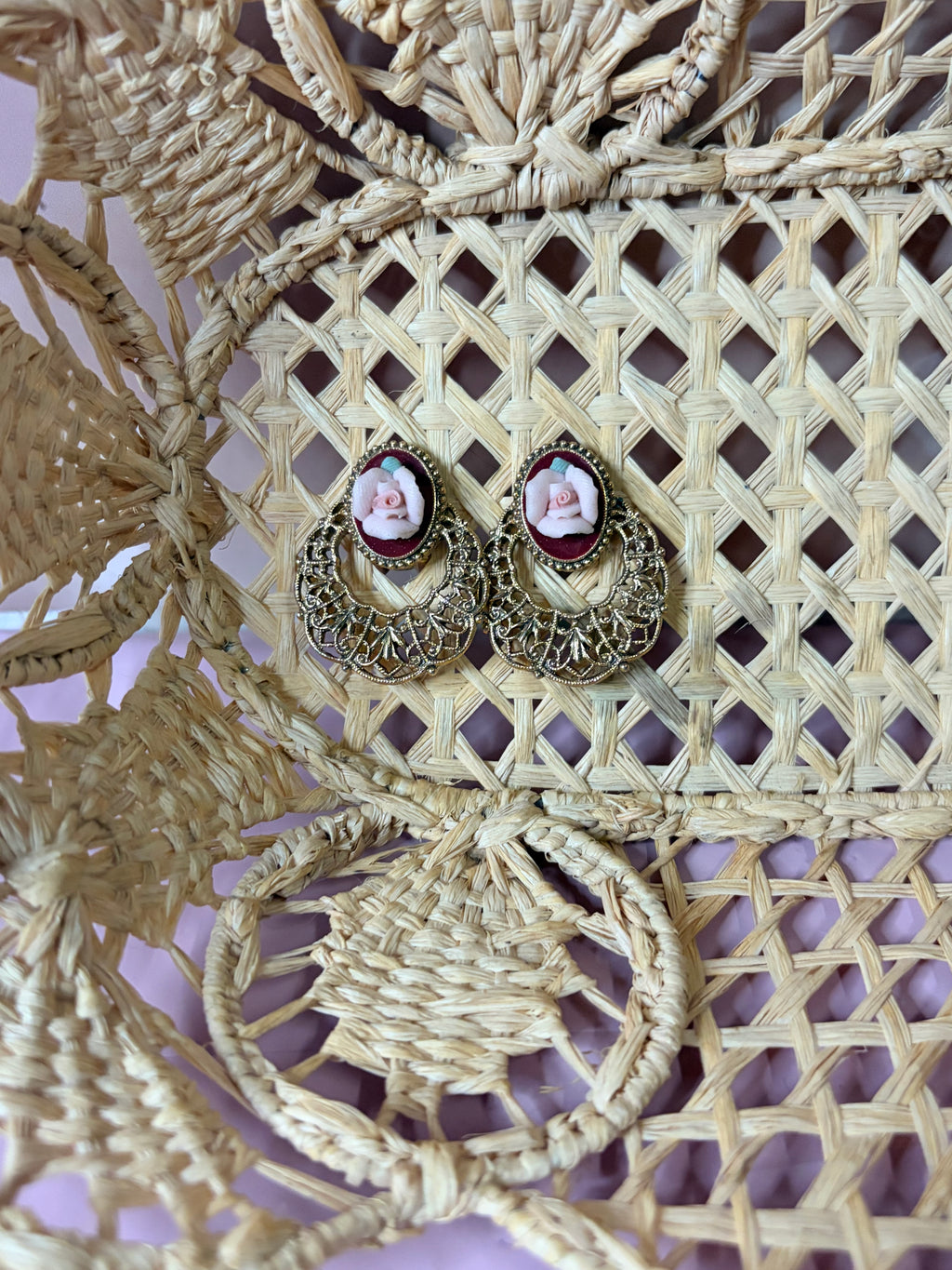 Victorian Revival Pink Porcelain Rose Filigree Crescent Clip On Earrings (50’s-60’s)
