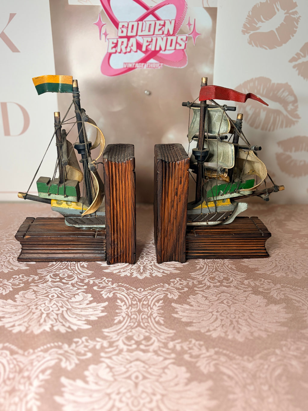 Handcrafted wooden Spanish galleon and pirate ship bookends
