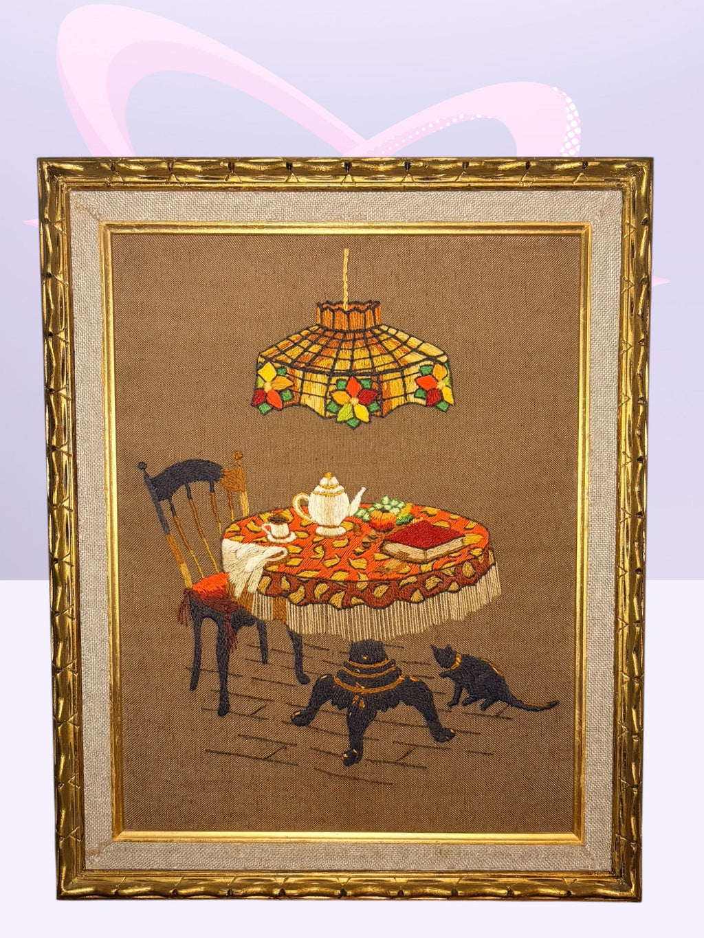 “Tea & Tiffany” Crewel Embroidered Framed Art (1977)