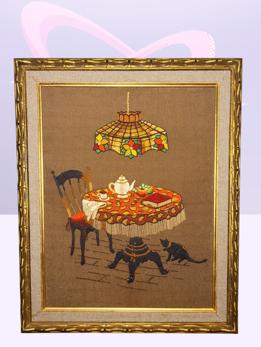 “Tea & Tiffany” Crewel Embroidered Framed Art (1977)