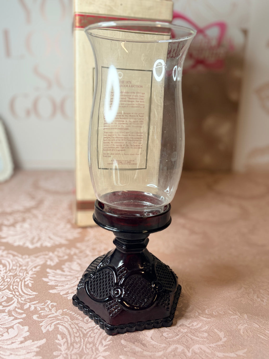 Avon- “Cape Cod Collection” Ruby red glass hurricane lamp