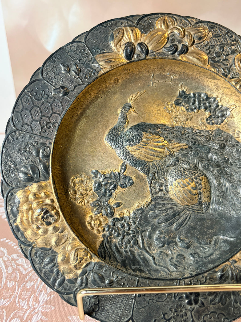 Art of Chokin Style Peacock Plate – Ornate 24K Gold Gilded Mixed Metal Repoussé Relief Wall Hanging