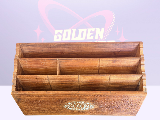 Handcrafted vintage teak wood desk organizer