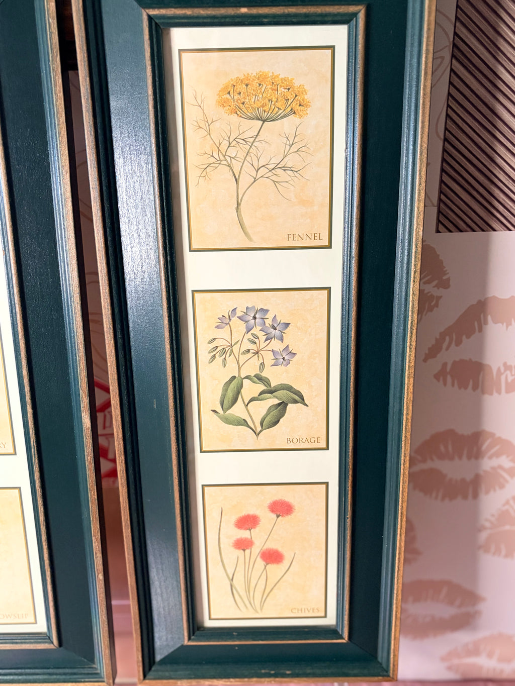 Ethan Allen Botanical Framed Prints Pair - Green & Gold Wood Frames Herbs Set of 2"