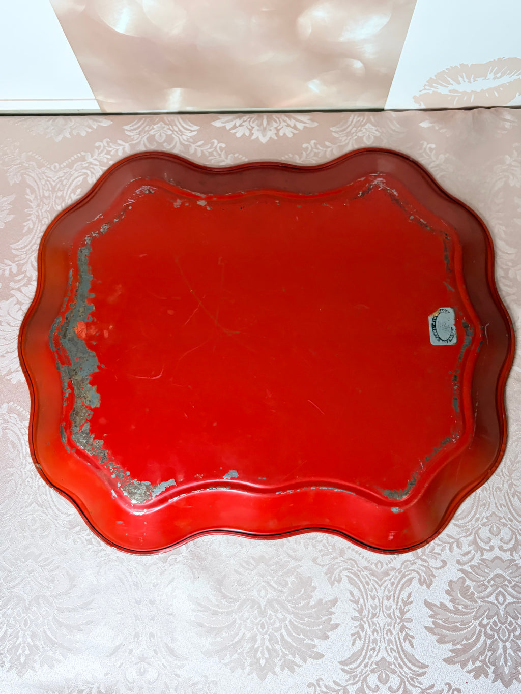 Mid-century red hand-painted toleware metal serving tray