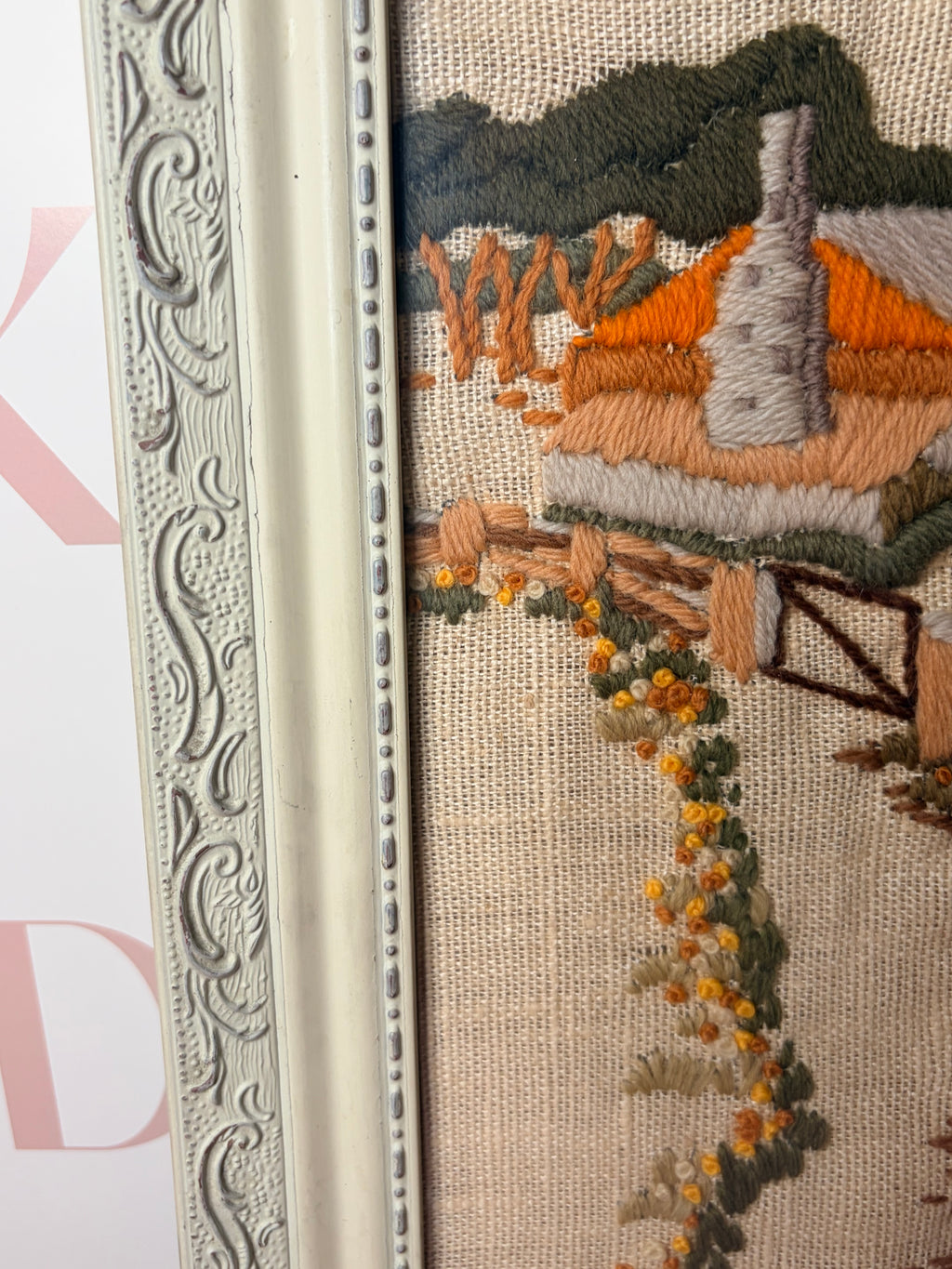 Crewel embroidery “rustic countryside landscape” framed