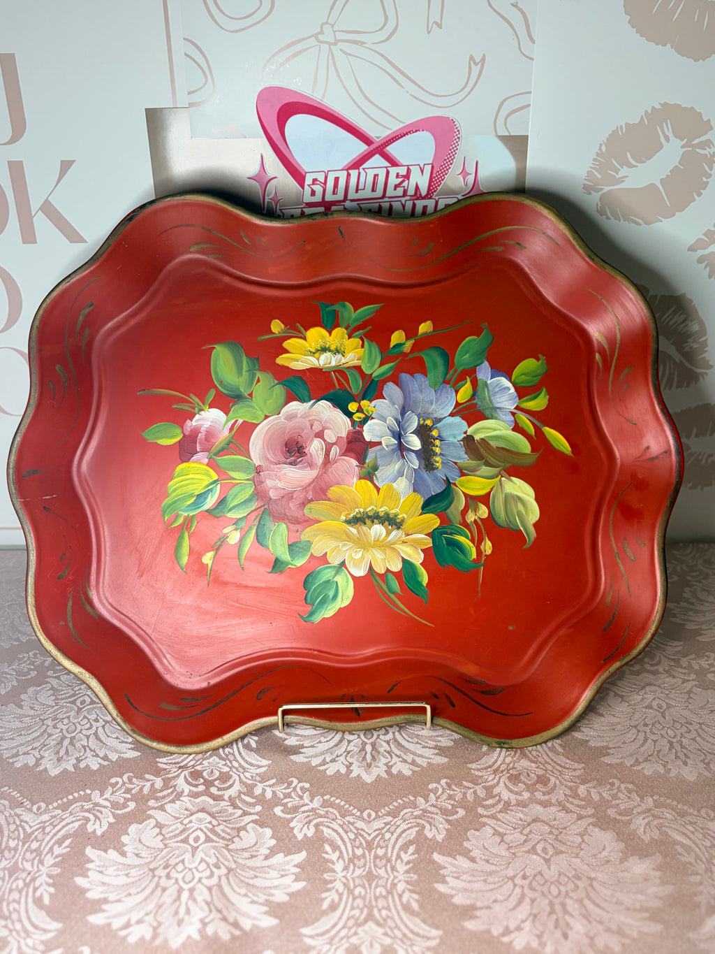 Mid-century red hand-painted toleware metal serving tray