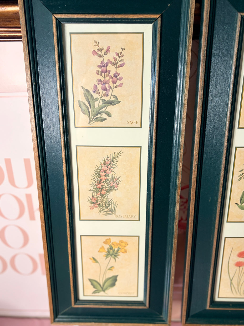 Ethan Allen Botanical Framed Prints Pair - Green & Gold Wood Frames Herbs Set of 2"