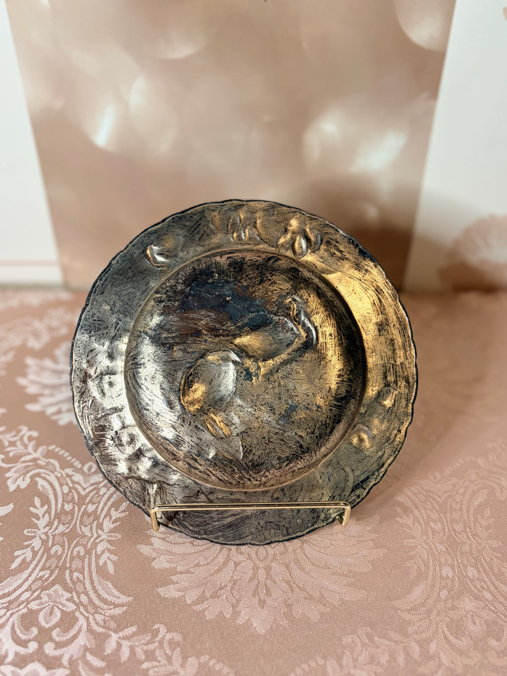 Art of Chokin Style Peacock Plate – Ornate 24K Gold Gilded Mixed Metal Repoussé Relief Wall Hanging