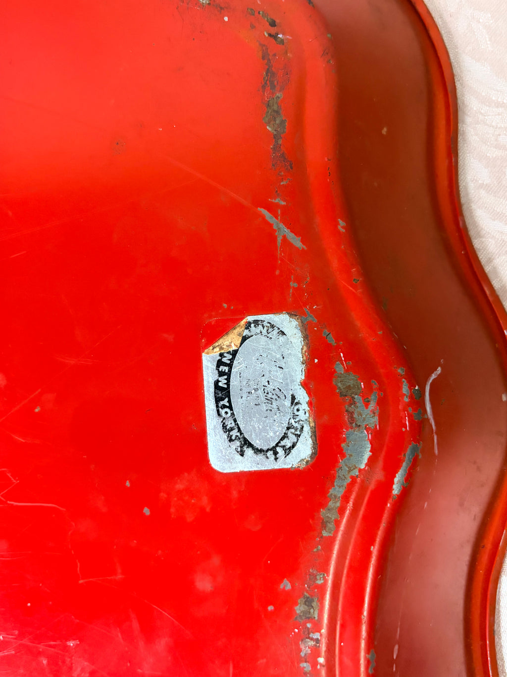 Mid-century red hand-painted toleware metal serving tray
