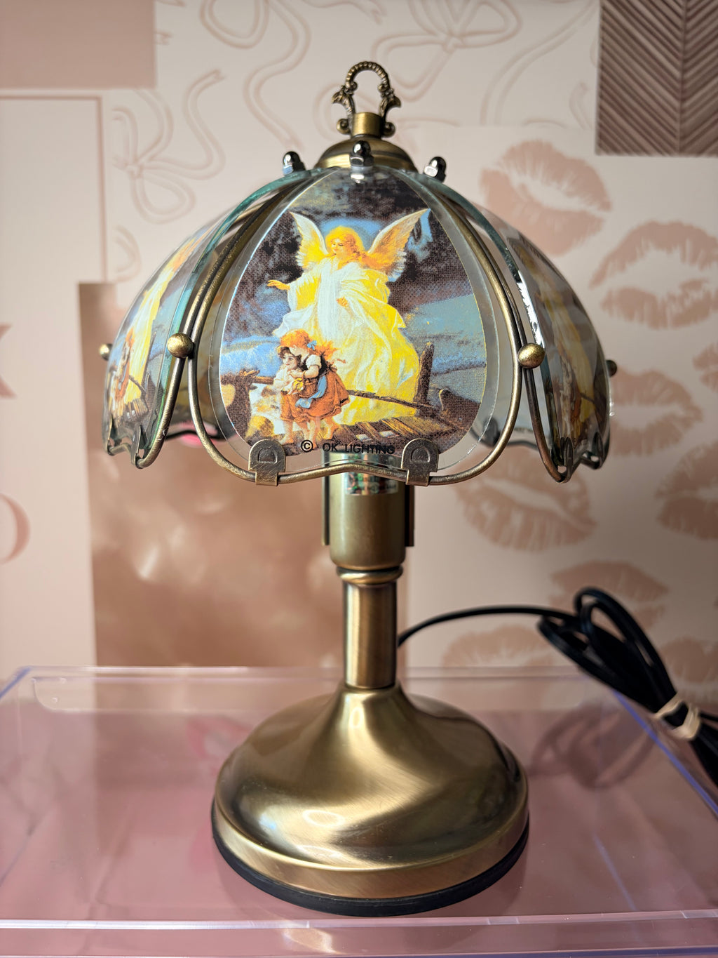 “OK Lighting” 3-Way Touch Lamp- Guardian Angel & Children on Bridge Glass Panels