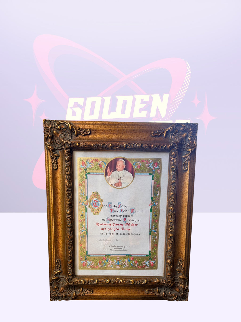 Framed Vatican Papal Apostolic Blessing parchment