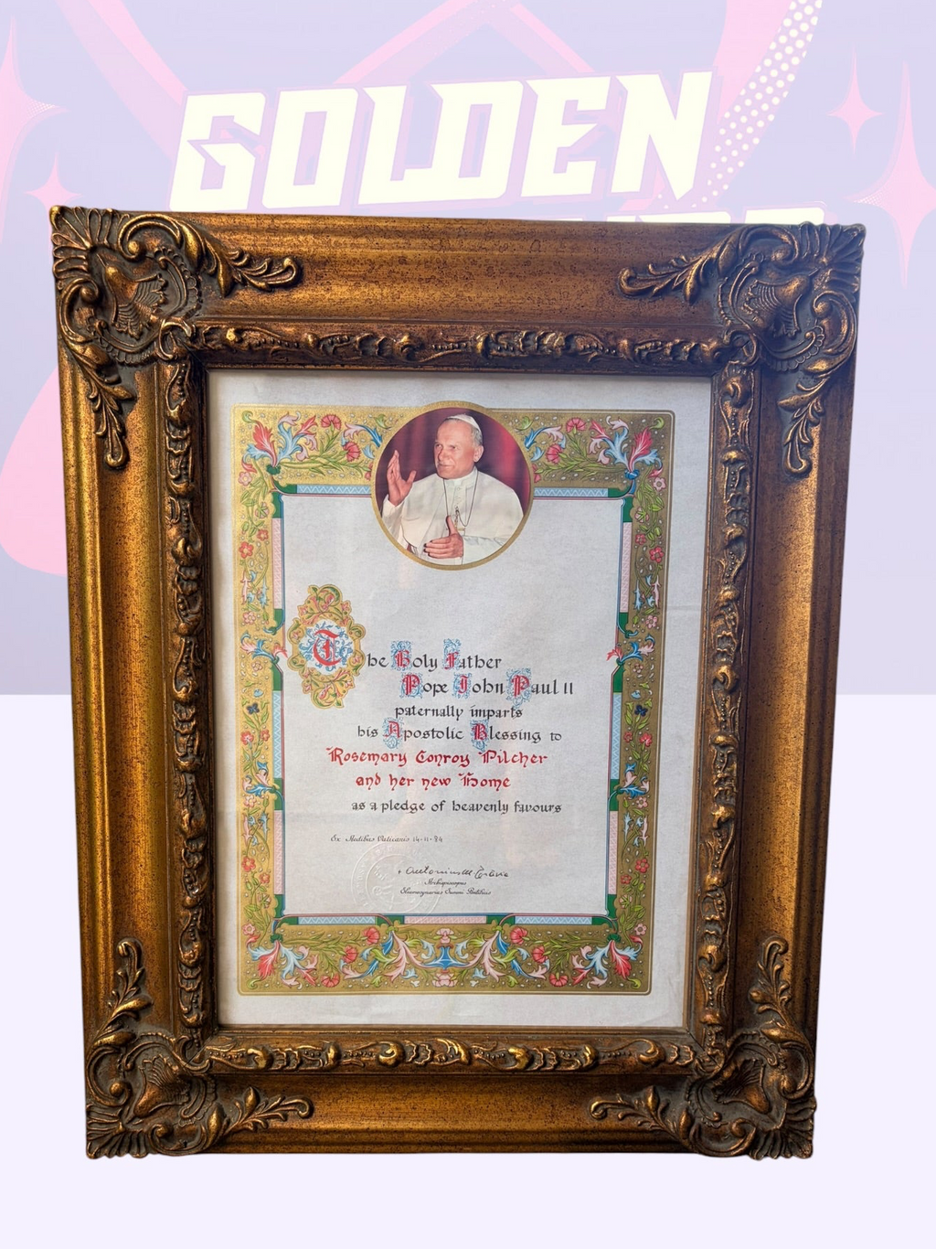 Framed Vatican Papal Apostolic Blessing parchment