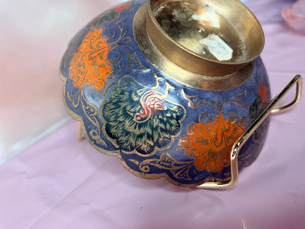 Etched brass and enamel peacock bowl (60-80’s)