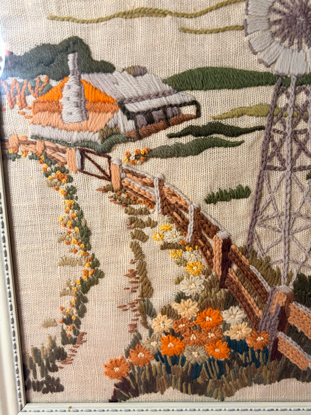 Crewel embroidery “rustic countryside landscape” framed