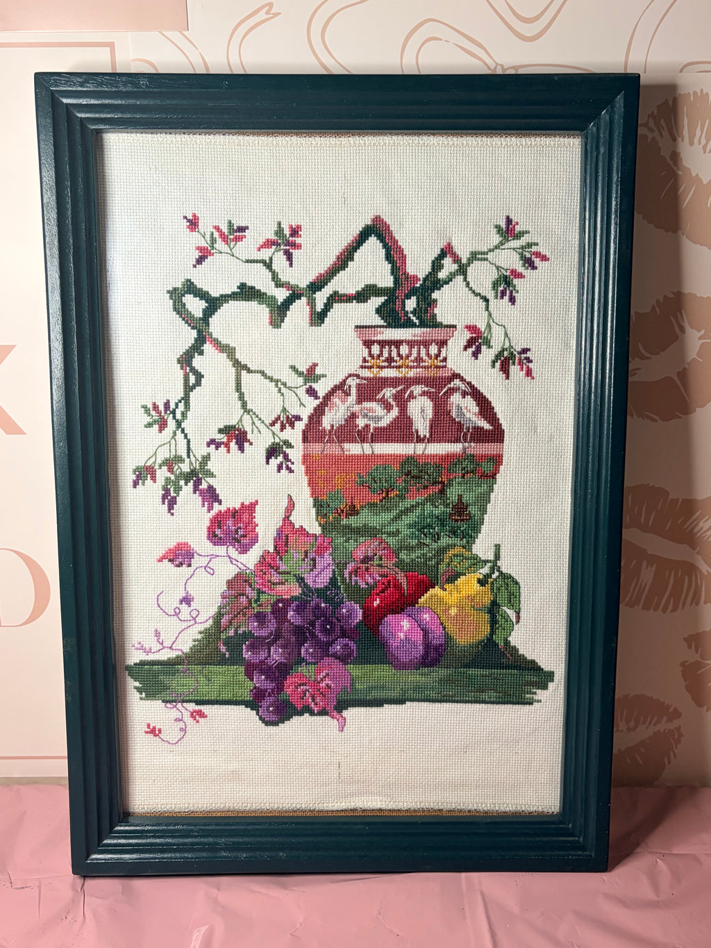 Frankie Buckley Oriental Vase Cross Stitch Finished & Framed Vintage Art