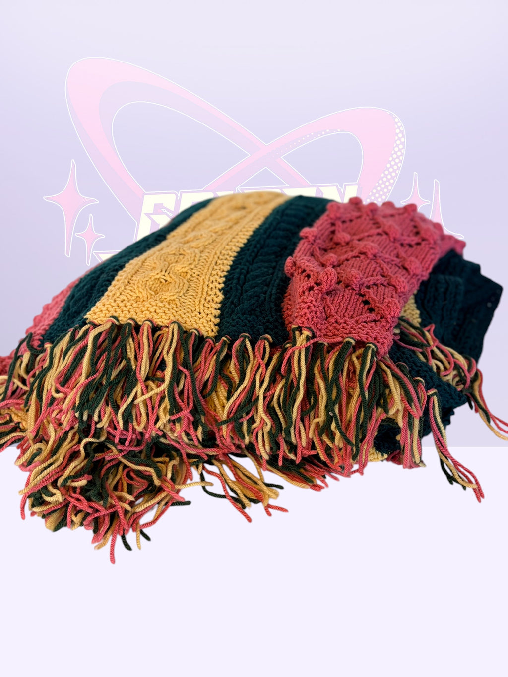 Handmade Cable-knit patch-throw blanket (King size, 70’s)