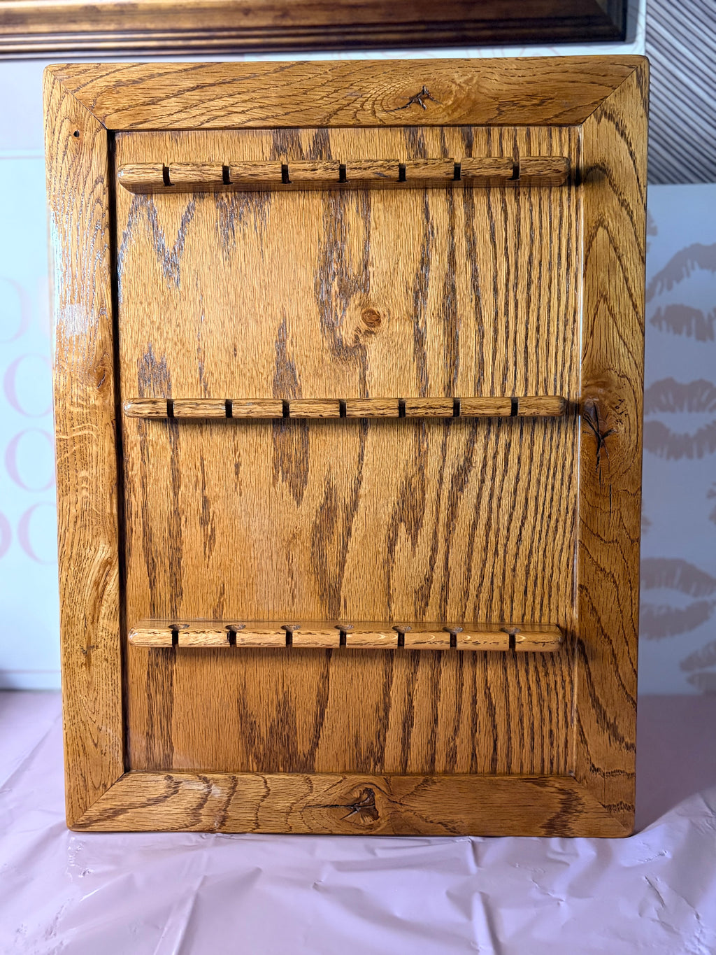 Mid-Century Oak Wood Wall Mount Souvenir Spoon Rack Holder -24 Slots