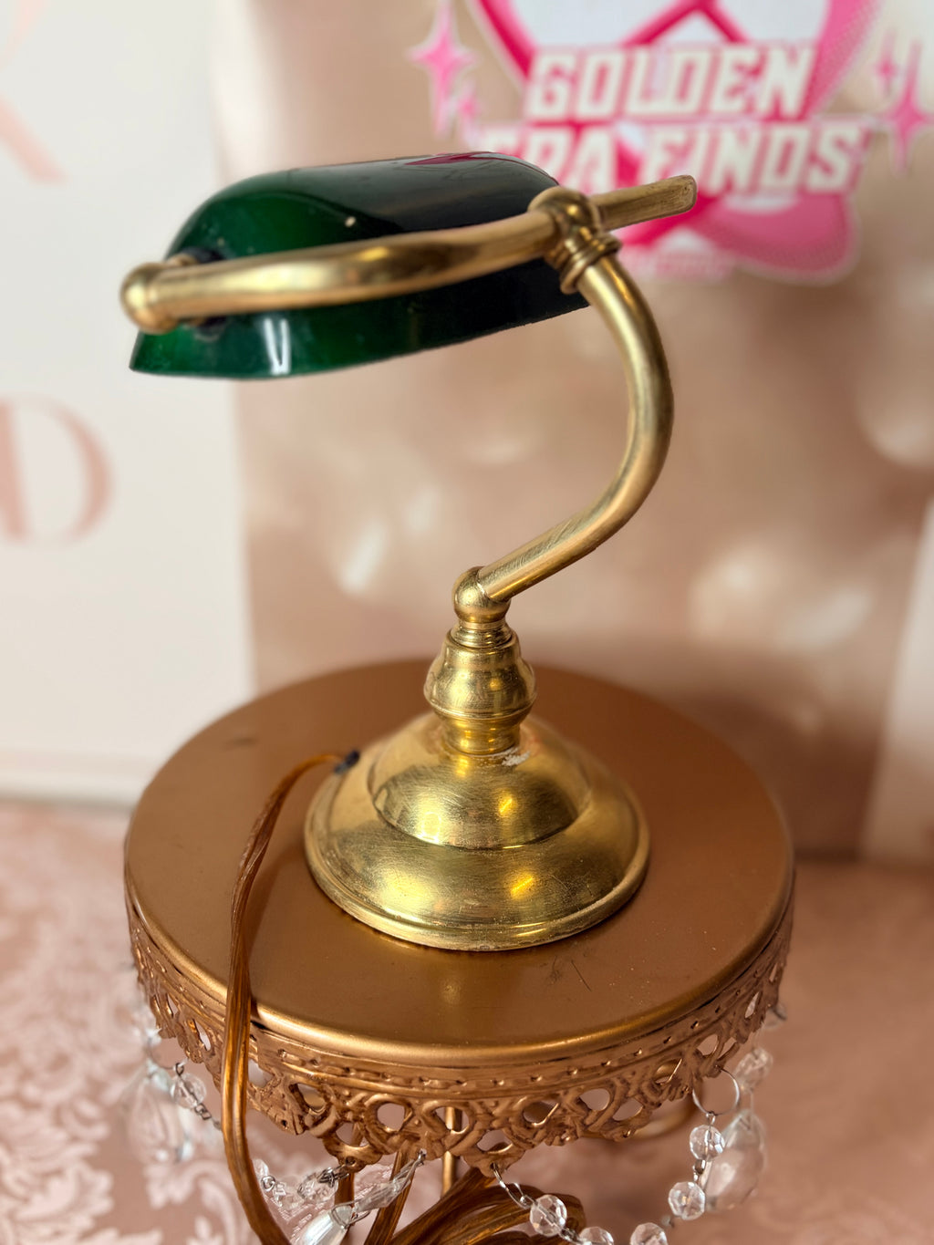 1970s/1980s Short Banker's Desk Lamp – Polished Brass & Emerald Green Glass Shade
