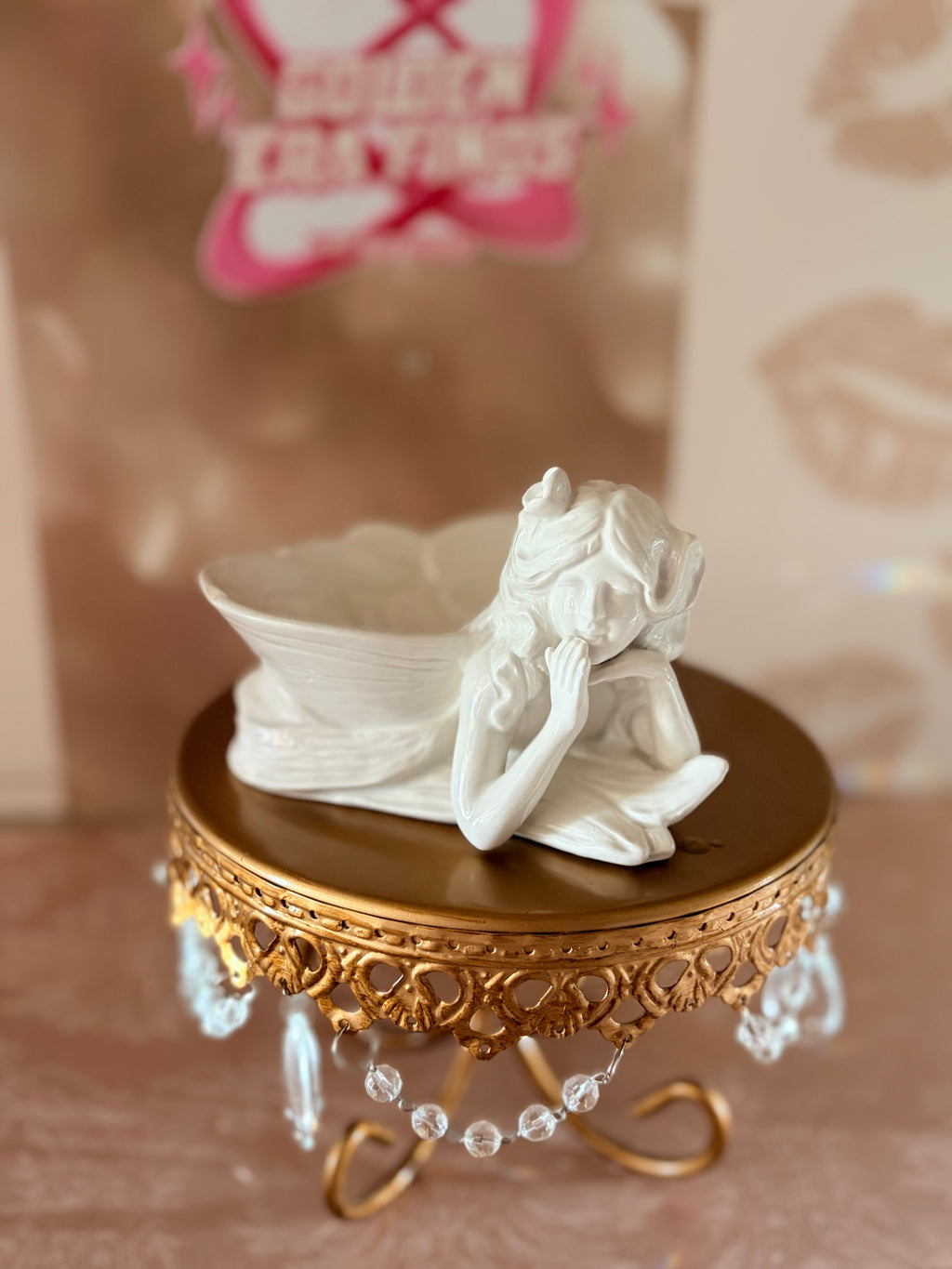 1978 Fitz and Floyd White Ceramic Fairy Trinket Dish Art Nouveau