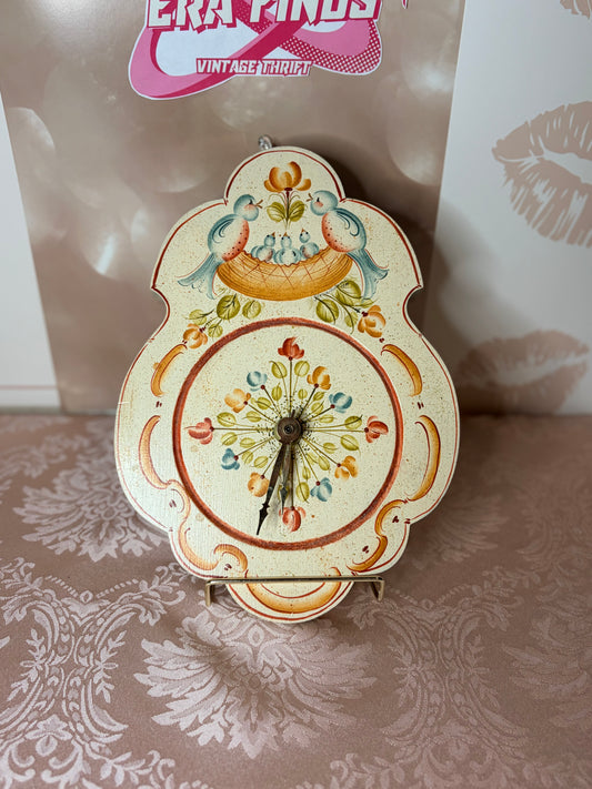 1989 Signed Hand-Painted Wooden Clock – Scandinavian Rosemaling Folk Art, Bluebird Family Motif
