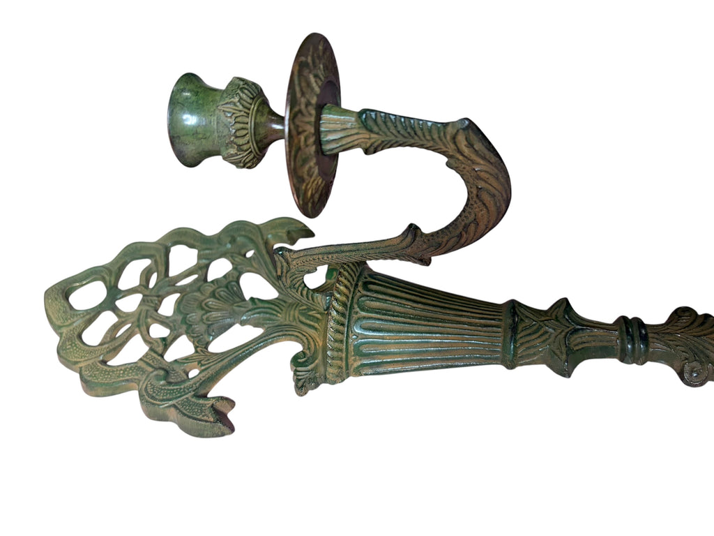 Ornate Brass Wall Candle Sconce – Green Patina Finish (80’s)