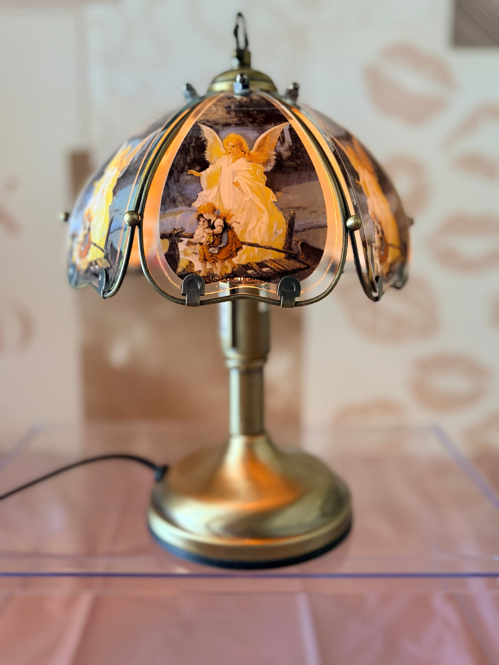 “OK Lighting” 3-Way Touch Lamp- Guardian Angel & Children on Bridge Glass Panels