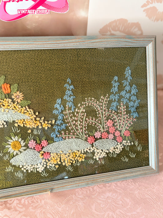 1970s large framed crewel embroidery “rock garden”