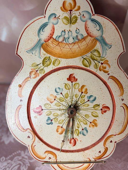 1989 Signed Hand-Painted Wooden Clock – Scandinavian Rosemaling Folk Art, Bluebird Family Motif