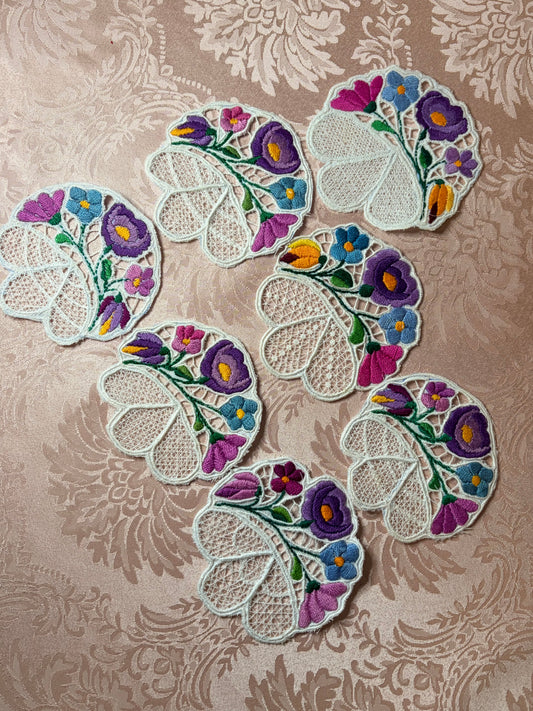 7-Authentic, Hungarian Kalocsa Richelieu lace coasters (70’s)