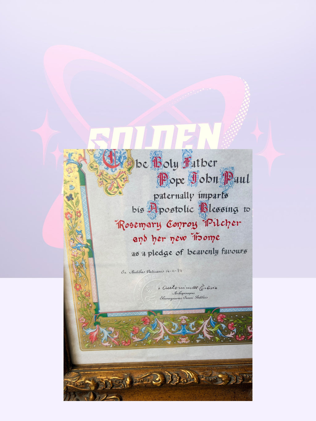 Framed Vatican Papal Apostolic Blessing parchment