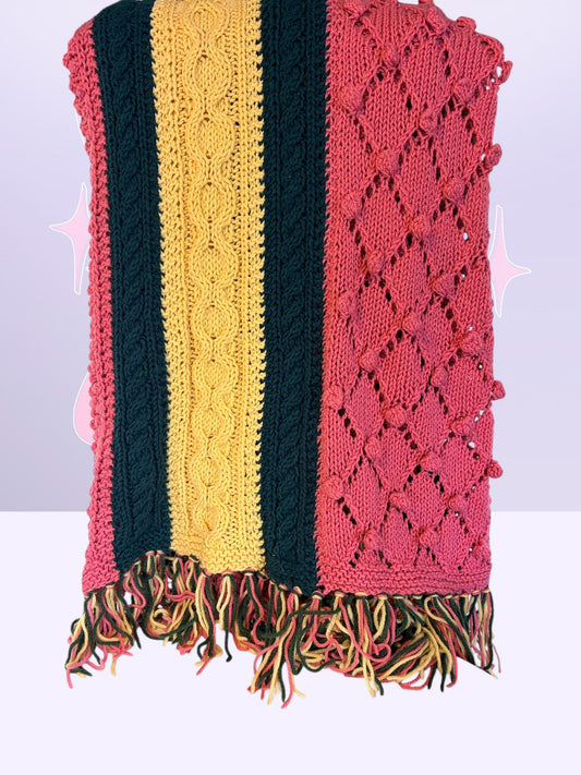 Handmade Cable-knit patch-throw blanket (King size, 70’s)